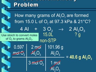 2 mol
Al2O3
3 mol O2
B. Gas StoichiometryB. Gas Stoichiometry
ProblemProblem
How many grams of Al2O3 are formed
from 15.0 L of O2 at 97.3 kPa & 21°C?
0.597
mol O2
= 40.6 g Al2O3
4 Al + 3 O2 → 2 Al2O3
101.96 g
Al2O3
1 mol
Al2O3
15.0L
non-STP
? gUse stoich to convert moles
of O2 to grams Al2O3.
 