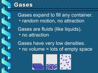 C. Characteristics ofC. Characteristics of
GasesGases
Gases expand to fill any container.
• random motion, no attraction
Gases are fluids (like liquids).
• no attraction
Gases have very low densities.
• no volume = lots of empty space
 