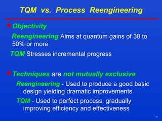 14
TQM vs. Process Reengineering
Objectivity
Reengineering Aims at quantum gains of 30 to
50% or more
TQM Stresses incremental progress
Techniques are not mutually exclusive
Reengineering - Used to produce a good basic
design yielding dramatic improvements
TQM - Used to perfect process, gradually
improving efficiency and effectiveness
 