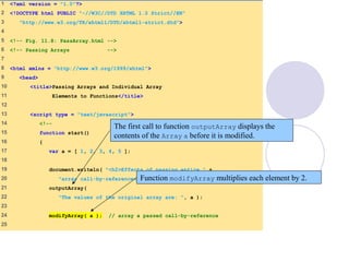 PassArray.html
(1 of 3)
1 <?xml version = "1.0"?>
2 <!DOCTYPE html PUBLIC "-//W3C//DTD XHTML 1.0 Strict//EN"
3 "http://www.w3.org/TR/xhtml1/DTD/xhtml1-strict.dtd">
4
5 <!-- Fig. 11.8: PassArray.html -->
6 <!-- Passing Arrays -->
7
8 <html xmlns = "http://www.w3.org/1999/xhtml">
9 <head>
10 <title>Passing Arrays and Individual Array
11 Elements to Functions</title>
12
13 <script type = "text/javascript">
14 <!--
15 function start()
16 {
17 var a = [ 1, 2, 3, 4, 5 ];
18
19 document.writeln( "<h2>Effects of passing entire " +
20 "array call-by-reference</h2>" );
21 outputArray(
22 "The values of the original array are: ", a );
23
24 modifyArray( a ); // array a passed call-by-reference
25
The first call to function outputArray displays the
contents of the Array a before it is modified.
Function modifyArray multiplies each element by 2.
 
