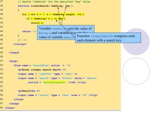 LinearSearch.html
(3 of 3)
37 // Search "theArray" for the specified "key" value
38 function linearSearch( theArray, key )
39 {
40 for ( var n = 0; n < theArray.length; ++n )
41 if ( theArray[ n ] == key )
42 return n;
43
44 return -1;
45 }
46 // -->
47 </script>
48
49 </head>
50
51 <body>
52 <form name = "searchForm" action = "">
53 <p>Enter integer search key<br />
54 <input name = "inputVal" type = "text" />
55 <input name = "search" type = "button" value = "Search"
56 onclick = "buttonPressed()" /><br /></p>
57
58 <p>Result<br />
59 <input name = "result" type = "text" size = "30" /></p>
60 </form>
61 </body>
62 </html>
Variable theArray gets the value of
Array a and variable key gets the
value of variable searchKey.Function linearSearch compares each
each element with a search key.
 