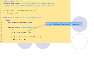 BinarySearch.html
(1 of 5)
1 <?xml version = "1.0"?>
2 <!DOCTYPE html PUBLIC "-//W3C//DTD XHTML 1.0 Transitional//EN"
3 "http://www.w3.org/TR/xhtml1/DTD/xhtml1-transitional.dtd">
4
5 <!-- Fig. 11.11 : BinarySearch.html -->
6 <!-- Binary search -->
7
8 <html xmlns = "http://www.w3.org/1999/xhtml">
9 <head>
10 <title>Binary Search</title>
11
12 <script type = "text/javascript">
13 <!--
14 var a = new Array( 15 );
15
16 for ( var i = 0; i < a.length; ++i )
17 a[ i ] = 2 * i;
18
Array a is initialized with 15 elements.
 
