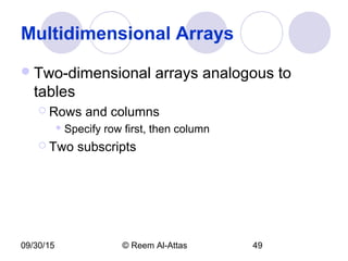 09/30/15 © Reem Al-Attas 49
Multidimensional Arrays
Two-dimensional arrays analogous to
tables
 Rows and columns
 Specify row first, then column
 Two subscripts
 