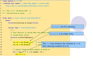 1 <?xml version = "1.0"?>
2 <!DOCTYPE html PUBLIC "-//W3C//DTD XHTML 1.0 Strict//EN"
3 "http://www.w3.org/TR/xhtml1/DTD/xhtml1-strict.dtd">
4
5 <!-- Fig. 11.3: InitArray.html -->
6 <!-- Initializing an Array -->
7
8 <html xmlns = "http://www.w3.org/1999/xhtml">
9 <head>
10 <title>Initializing an Array</title>
11
12 <script type = "text/javascript">
13 <!--
14 // this function is called when the <body> element's
15 // onload event occurs
16 function initializeArrays()
17 {
18 var n1 = new Array( 5 ); // allocate 5-element Array
19 var n2 = new Array(); // allocate empty Array
20
21 // assign values to each element of Array n1
22 for ( var i = 0; i < n1.length; ++i )
23 n1[ i ] = i;
Array n1 has five elements.
The for loop initializes the elements in n1 to
their subscript numbers (0 to 4).
Array n2 is an empty array.
 