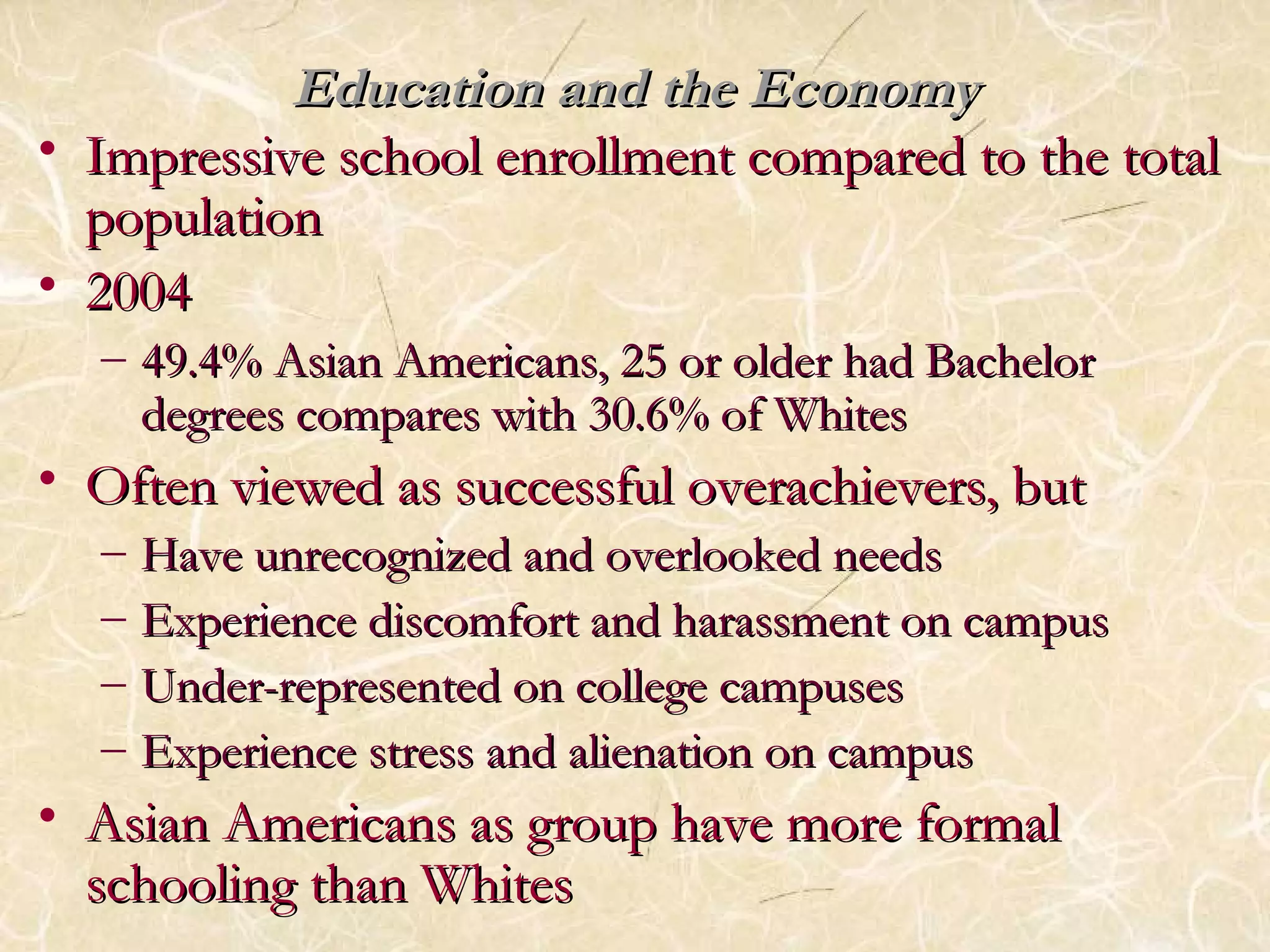 EEdduuccaattiioonn aanndd tthhee EEccoonnoommyy 
• IImmpprreessssiivvee sscchhooooll eennrroollllmmeenntt ccoommppaarreedd ttoo tthhee ttoottaall 
ppooppuullaattiioonn 
• 22000044 
– 4499..44%% AAssiiaann AAmmeerriiccaannss,, 2255 oorr oollddeerr hhaadd BBaacchheelloorr 
ddeeggrreeeess ccoommppaarreess wwiitthh 3300..66%% ooff WWhhiitteess 
• OOfftteenn vviieewweedd aass ssuucccceessssffuull oovveerraacchhiieevveerrss,, bbuutt 
– HHaavvee uunnrreeccooggnniizzeedd aanndd oovveerrllooookkeedd nneeeeddss 
– EExxppeerriieennccee ddiissccoommffoorrtt aanndd hhaarraassssmmeenntt oonn ccaammppuuss 
– UUnnddeerr--rreepprreesseenntteedd oonn ccoolllleeggee ccaammppuusseess 
– EExxppeerriieennccee ssttrreessss aanndd aalliieennaattiioonn oonn ccaammppuuss 
• AAssiiaann AAmmeerriiccaannss aass ggrroouupp hhaavvee mmoorree ffoorrmmaall 
sscchhoooolliinngg tthhaann WWhhiitteess 
 