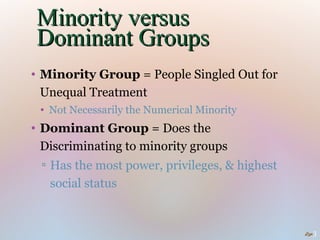 Minority versus
 Dominant Groups
• Minority Group = People Singled Out for
  Unequal Treatment
 • Not Necessarily the Numerical Minority
• Dominant Group = Does the
  Discriminating to minority groups
  ▫ Has the most power, privileges, & highest
    social status


                                                3
 