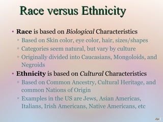 Race versus Ethnicity
• Race is based on Biological Characteristics
 ▫ Based on Skin color, eye color, hair, sizes/shapes
 ▫ Categories seem natural, but vary by culture
 ▫ Originally divided into Caucasians, Mongoloids, and
   Negroids
• Ethnicity is based on Cultural Characteristics
 ▫ Based on Common Ancestry, Cultural Heritage, and
   common Nations of Origin
 ▫ Examples in the US are Jews, Asian Americas,
   Italians, Irish Americans, Native Americans, etc

                                                     1
 