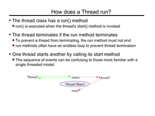 The thread class has a run() method
run() is executed when the thread's start() method is invoked
The thread terminates if the run method terminates
To prevent a thread from terminating, the run method must not end
run methods often have an endless loop to prevent thread termination
One thread starts another by calling its start method
The sequence of events can be confusing to those more familiar with a
single threaded model.
How does a Thread run?
Thread1
Thread Object
start() Thread2
run()
 
