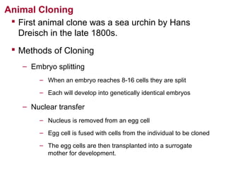 Animal Cloning
 First animal clone was a sea urchin by Hans
Dreisch in the late 1800s.
 Methods of Cloning
– Embryo splitting
– When an embryo reaches 8-16 cells they are split
– Each will develop into genetically identical embryos

– Nuclear transfer
– Nucleus is removed from an egg cell
– Egg cell is fused with cells from the individual to be cloned
– The egg cells are then transplanted into a surrogate
mother for development.

 