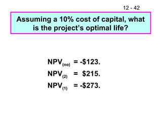 NPV (no) = -$123. NPV (2) =  $215. NPV (1) = -$273. Assuming a 10% cost of capital, what is the project’s optimal life? 
