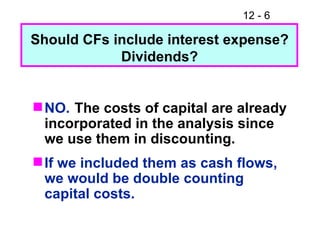 NO. The costs of capital are already incorporated in the analysis since we use them in discounting.  If we included them as cash flows, we would be double counting capital costs.  Should CFs include interest expense? Dividends? 