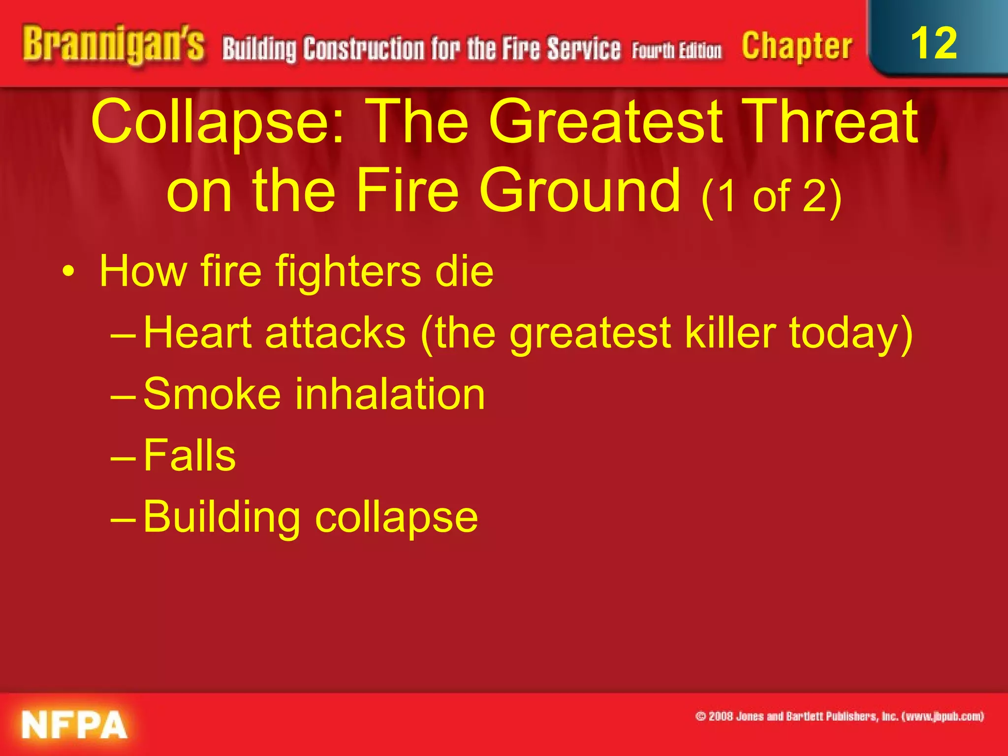 Collapse: The Greatest Threat on the Fire Ground  (1 of 2) How fire fighters die Heart attacks (the greatest killer today) Smoke inhalation Falls Building collapse 12 