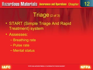 12

                Triage (2 of 3)
• START (Simple Triage And Rapid
  Treatment) system
• Assesses:
  – Breathing rate
  – Pulse rate
  – Mental status
 