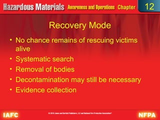 12

           Recovery Mode
• No chance remains of rescuing victims
  alive
• Systematic search
• Removal of bodies
• Decontamination may still be necessary
• Evidence collection
 