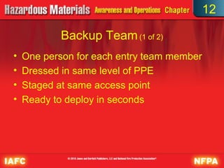 12

            Backup Team (1 of 2)
•   One person for each entry team member
•   Dressed in same level of PPE
•   Staged at same access point
•   Ready to deploy in seconds
 