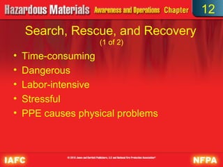 12
    Search, Rescue, and Recovery
                    (1 of 2)
•   Time-consuming
•   Dangerous
•   Labor-intensive
•   Stressful
•   PPE causes physical problems
 