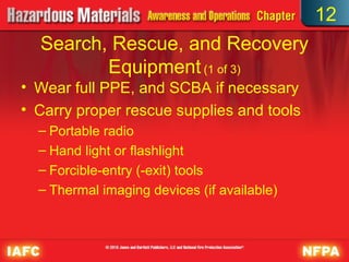 12
  Search, Rescue, and Recovery
         Equipment (1 of 3)
• Wear full PPE, and SCBA if necessary
• Carry proper rescue supplies and tools
  – Portable radio
  – Hand light or flashlight
  – Forcible-entry (-exit) tools
  – Thermal imaging devices (if available)
 