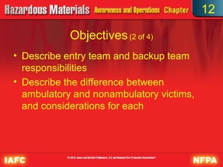 12

            Objectives (2 of 4)
• Describe entry team and backup team
  responsibilities
• Describe the difference between
  ambulatory and nonambulatory victims,
  and considerations for each
 