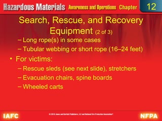 12
  Search, Rescue, and Recovery
         Equipment (2 of 3)
  – Long rope(s) in some cases
  – Tubular webbing or short rope (16–24 feet)
• For victims:
  – Rescue sleds (see next slide), stretchers
  – Evacuation chairs, spine boards
  – Wheeled carts
 