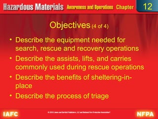12

            Objectives (4 of 4)
• Describe the equipment needed for
  search, rescue and recovery operations
• Describe the assists, lifts, and carries
  commonly used during rescue operations
• Describe the benefits of sheltering-in-
  place
• Describe the process of triage
 