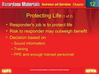 12

          Protecting Life (1 of 2)
• Responder’s job is to protect life
• Risk to responder may outweigh benefit
• Decision based on
  – Sound information
  – Training
  – PPE and enough trained personnel
 