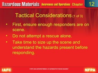 12

     Tactical Considerations (1 of 3)
•   First, ensure enough responders are on
    scene.
•   Do not attempt a rescue alone.
•   Take time to size up the scene and
    understand the hazards present before
    responding.
 