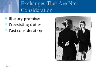 Exchanges That Are Not
         Consideration
 Illusory promises
 Preexisting duties
 Past consideration




12 - 8
 