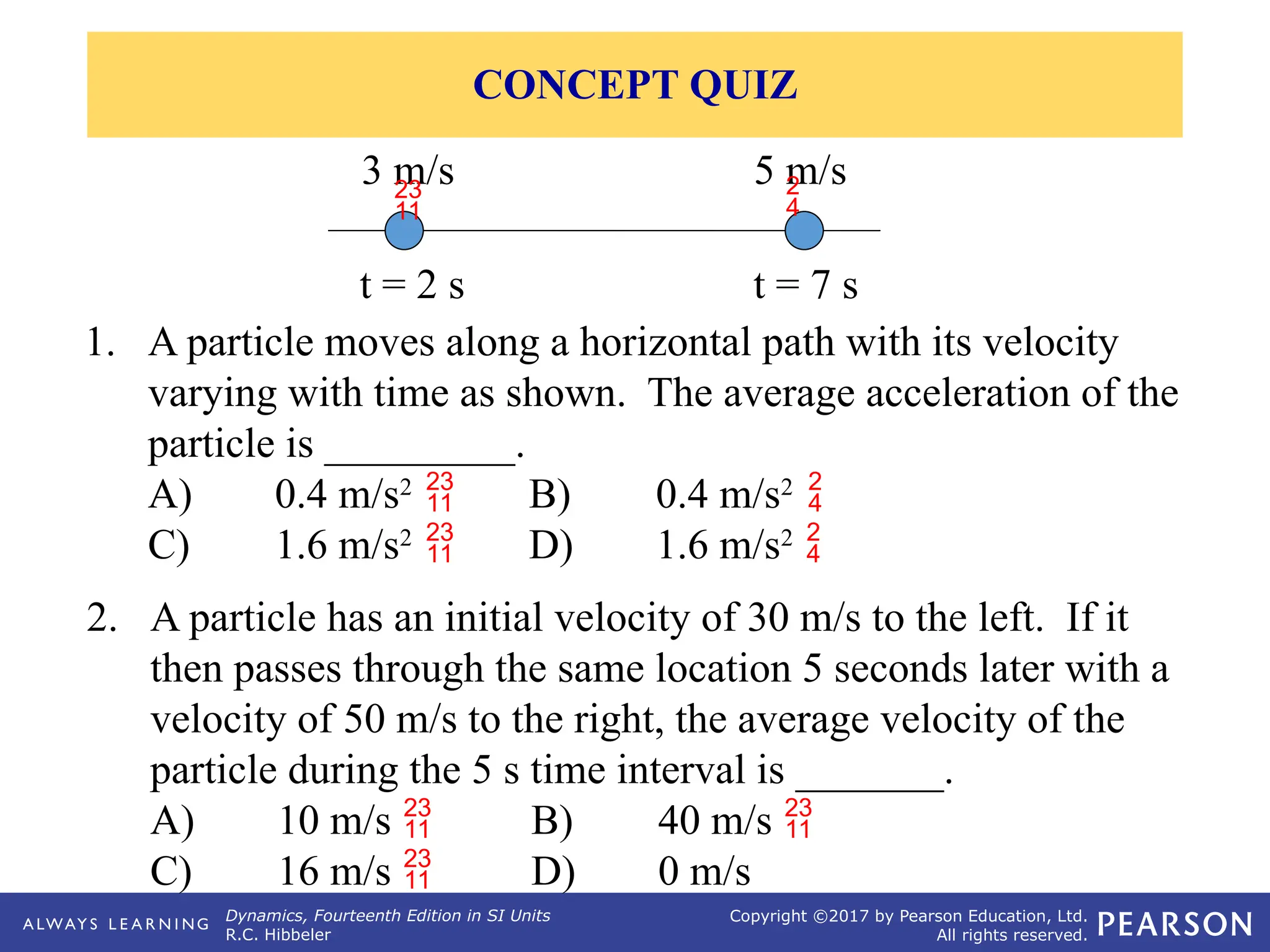 Dynamics, Fourteenth Edition in SI Units
R.C. Hibbeler
Copyright ©2017 by Pearson Education, Ltd.
All rights reserved.
2. A particle has an initial velocity of 30 m/s to the left. If it
then passes through the same location 5 seconds later with a
velocity of 50 m/s to the right, the average velocity of the
particle during the 5 s time interval is _______.
A) 10 m/s  B) 40 m/s 
C) 16 m/s  D) 0 m/s
1. A particle moves along a horizontal path with its velocity
varying with time as shown. The average acceleration of the
particle is _________.
A) 0.4 m/s2
 B) 0.4 m/s2

C) 1.6 m/s2
 D) 1.6 m/s2

CONCEPT QUIZ
t = 2 s t = 7 s
3 m/s 5 m/s
 
 