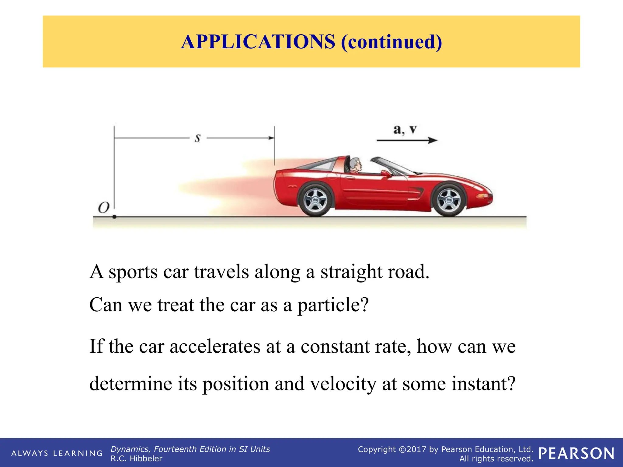 Dynamics, Fourteenth Edition in SI Units
R.C. Hibbeler
Copyright ©2017 by Pearson Education, Ltd.
All rights reserved.
A sports car travels along a straight road.
Can we treat the car as a particle?
If the car accelerates at a constant rate, how can we
determine its position and velocity at some instant?
APPLICATIONS (continued)
 