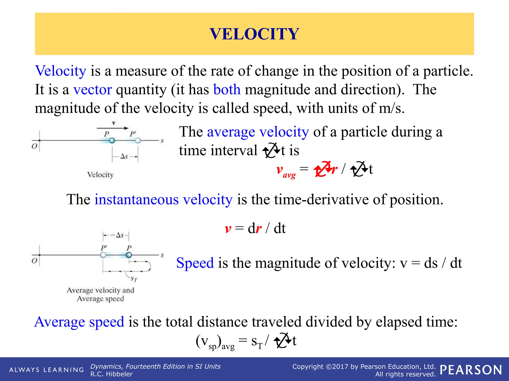 Dynamics, Fourteenth Edition in SI Units
R.C. Hibbeler
Copyright ©2017 by Pearson Education, Ltd.
All rights reserved.
Velocity is a measure of the rate of change in the position of a particle.
It is a vector quantity (it has both magnitude and direction). The
magnitude of the velocity is called speed, with units of m/s.
The average velocity of a particle during a
time interval t is
vavg = r / t
The instantaneous velocity is the time-derivative of position.
v = dr / dt
Speed is the magnitude of velocity: v = ds / dt
Average speed is the total distance traveled divided by elapsed time:
(vsp)avg = sT / t
VELOCITY
 