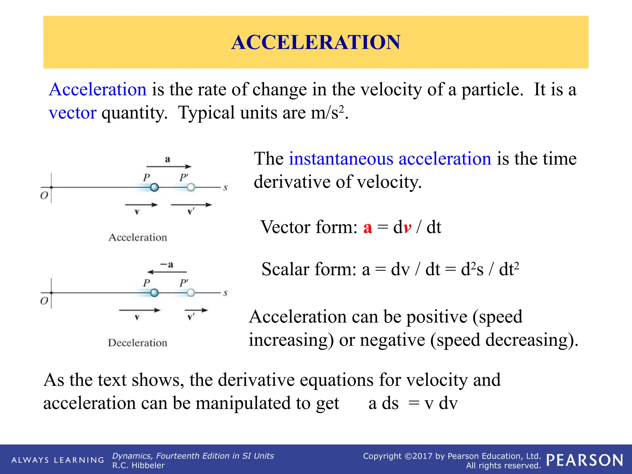 Dynamics, Fourteenth Edition in SI Units
R.C. Hibbeler
Copyright ©2017 by Pearson Education, Ltd.
All rights reserved.
Acceleration is the rate of change in the velocity of a particle. It is a
vector quantity. Typical units are m/s2
.
As the text shows, the derivative equations for velocity and
acceleration can be manipulated to get a ds = v dv
The instantaneous acceleration is the time
derivative of velocity.
Vector form: a = dv / dt
Scalar form: a = dv / dt = d2
s / dt2
Acceleration can be positive (speed
increasing) or negative (speed decreasing).
ACCELERATION
 