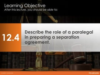 Learning Objective
After this lecture, you should be able to:




               Describe the role of a paralegal
12.4           in preparing a separation
               agreement.
 