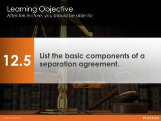 Learning Objective
After this lecture, you should be able to:




12.5
               List the basic components of a
               separation agreement.
 