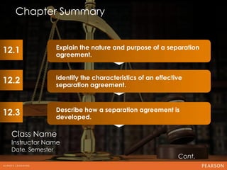 Chapter Summary


12.1               Explain the nature and purpose of a separation
                                                                     12
                   agreement.


                   Identify the characteristics of an effective
12.2               separation agreement.


                   Describe how a separation agreement is
12.3               developed.

  Class Name
  Instructor Name
  Date, Semester
                                                             Cont.
 
