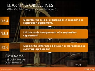 LEARNING OBJECTIVES
   After this lecture, you should be able to:



12.4               Describe the role of a paralegal in preparing a
                                                                   12
                   separation agreement.


                   List the basic components of a separation
12.5               agreement.


                   Explain the difference between a merged and a
12.6               surviving agreement.

  Class Name
  Instructor Name
  Date, Semester
                                                           Cont.
 
