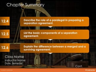 Chapter Summary


12.4               Describe the role of a paralegal in preparing a
                                                                   12
                   separation agreement.


                   List the basic components of a separation
12.5               agreement.


                   Explain the difference between a merged and a
12.6               surviving agreement.

  Class Name
  Instructor Name
  Date, Semester
                                                           Cont.
 