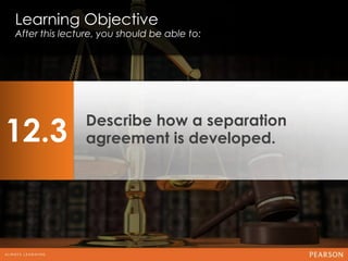 Learning Objective
After this lecture, you should be able to:




12.3
               Describe how a separation
               agreement is developed.
 