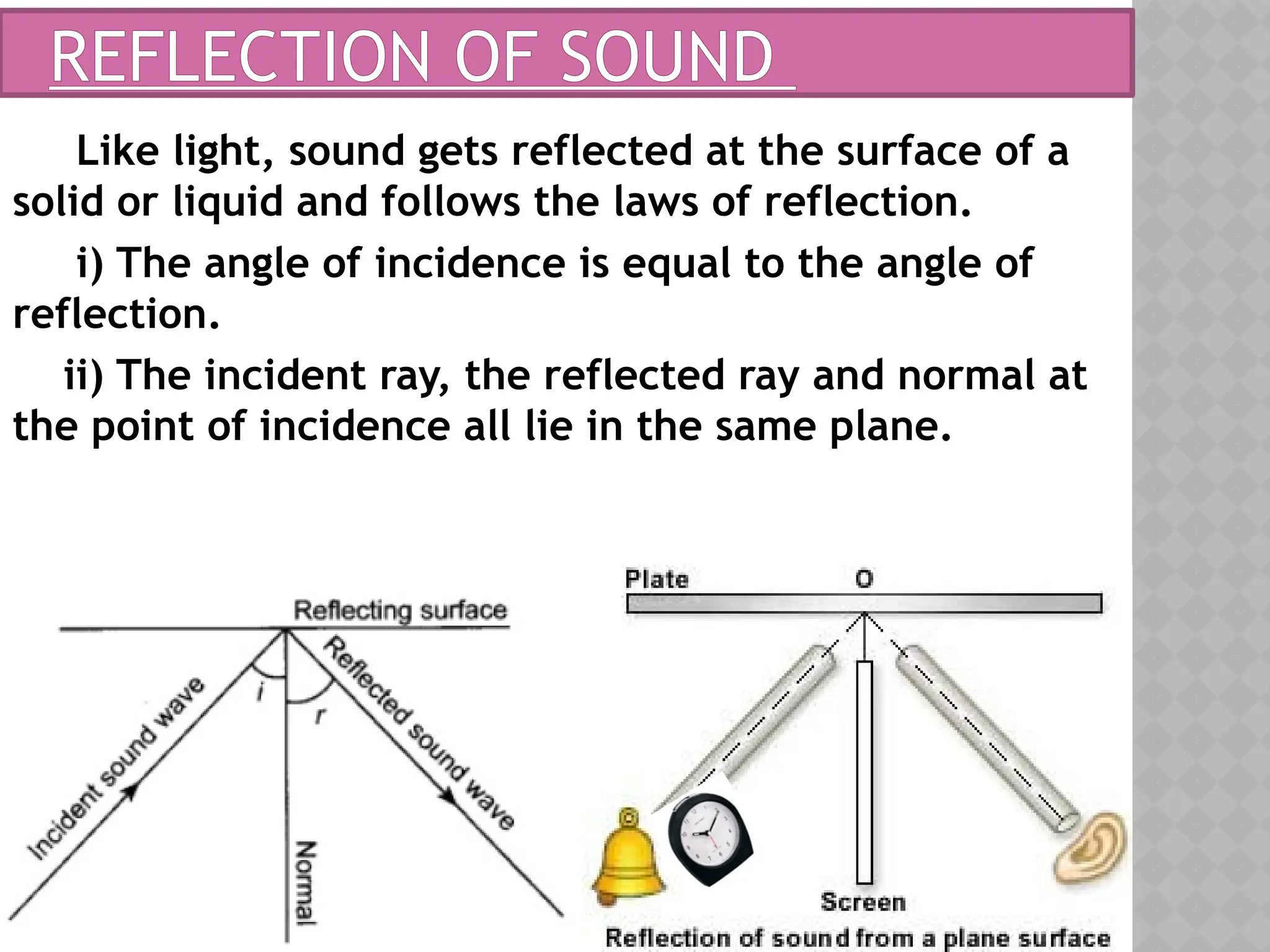 REFLECTION OF SOUND
Like light, sound gets reflected at the surface of a
solid or liquid and follows the laws of reflection.
i) The angle of incidence is equal to the angle of
reflection.
ii) The incident ray, the reflected ray and normal at
the point of incidence all lie in the same plane.
 
