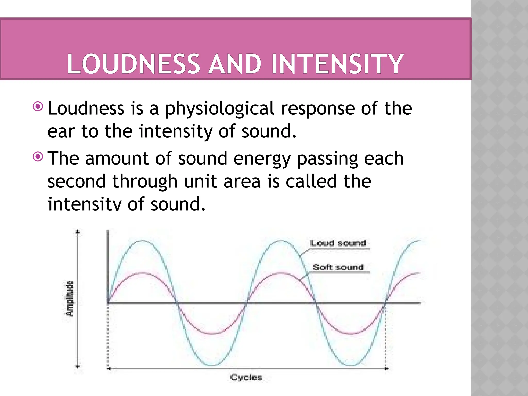 LOUDNESS AND INTENSITY
 Loudness is a physiological response of the
ear to the intensity of sound.
 The amount of sound energy passing each
second through unit area is called the
intensity of sound.
 