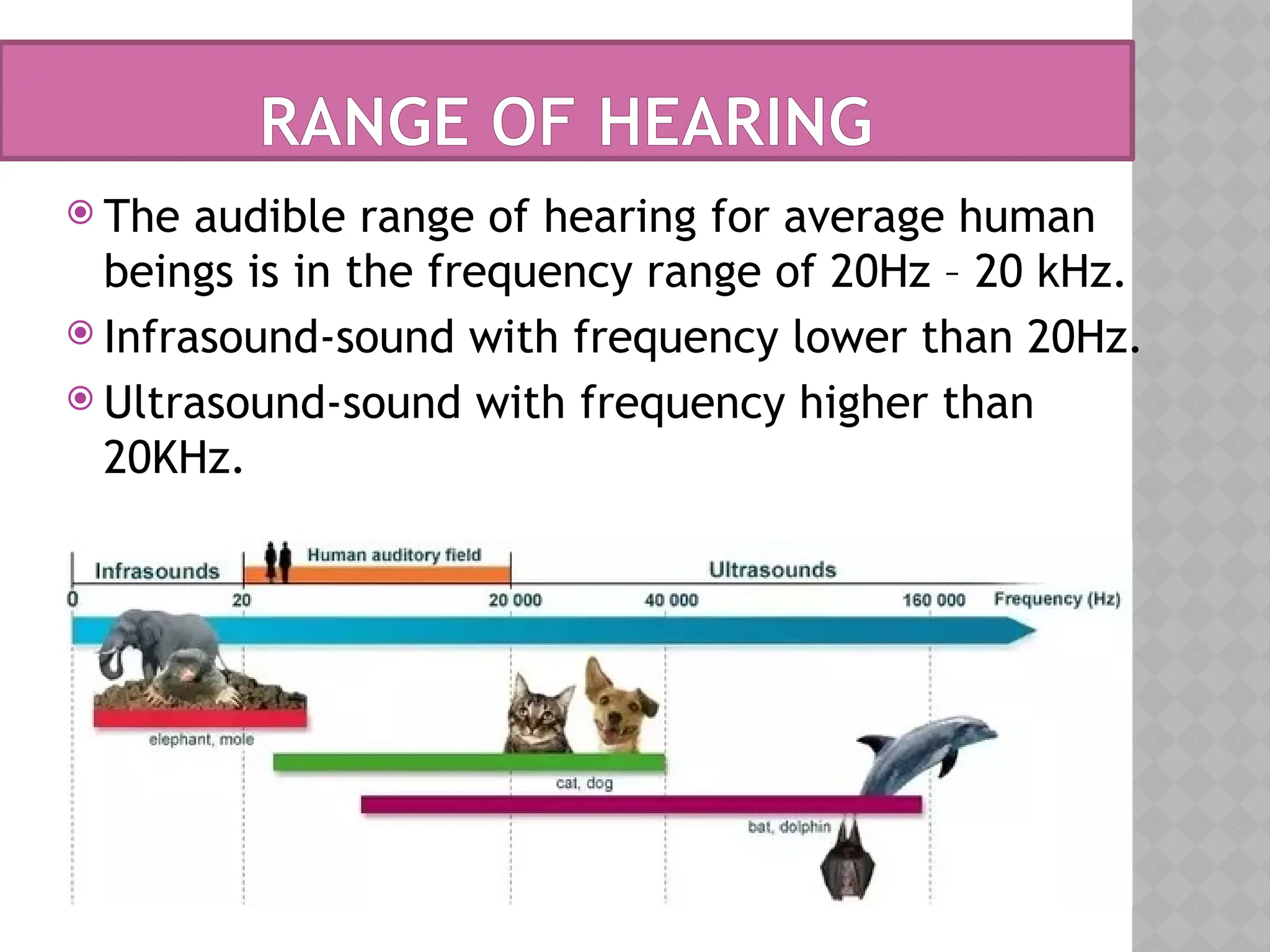 RANGE OF HEARING
 The audible range of hearing for average human
beings is in the frequency range of 20Hz – 20 kHz.
 Infrasound-sound with frequency lower than 20Hz.
 Ultrasound-sound with frequency higher than
20KHz.
 