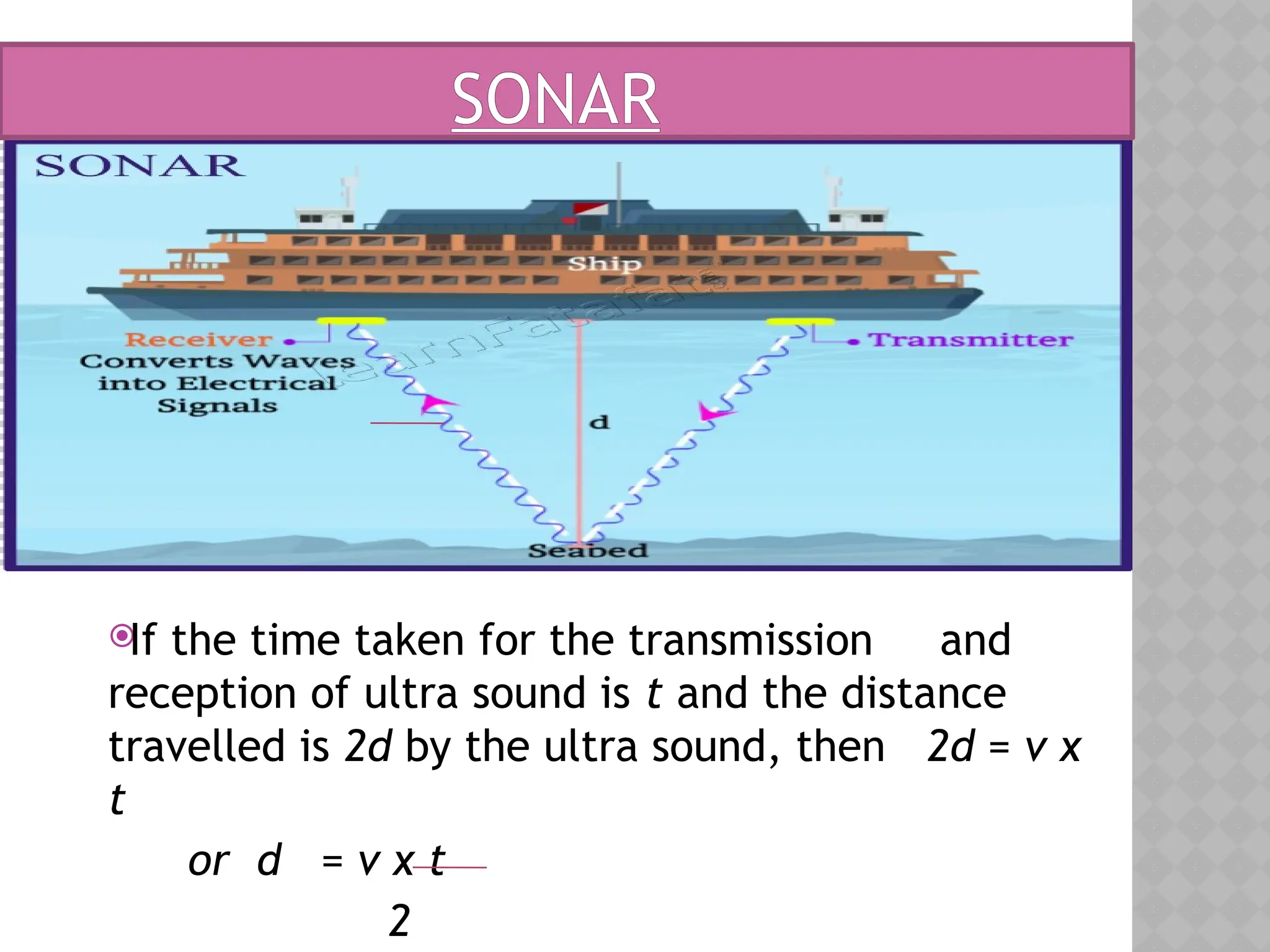 
If the time taken for the transmission and
reception of ultra sound is t and the distance
travelled is 2d by the ultra sound, then 2d = v x
t
or d = v x t
2
SONAR
 