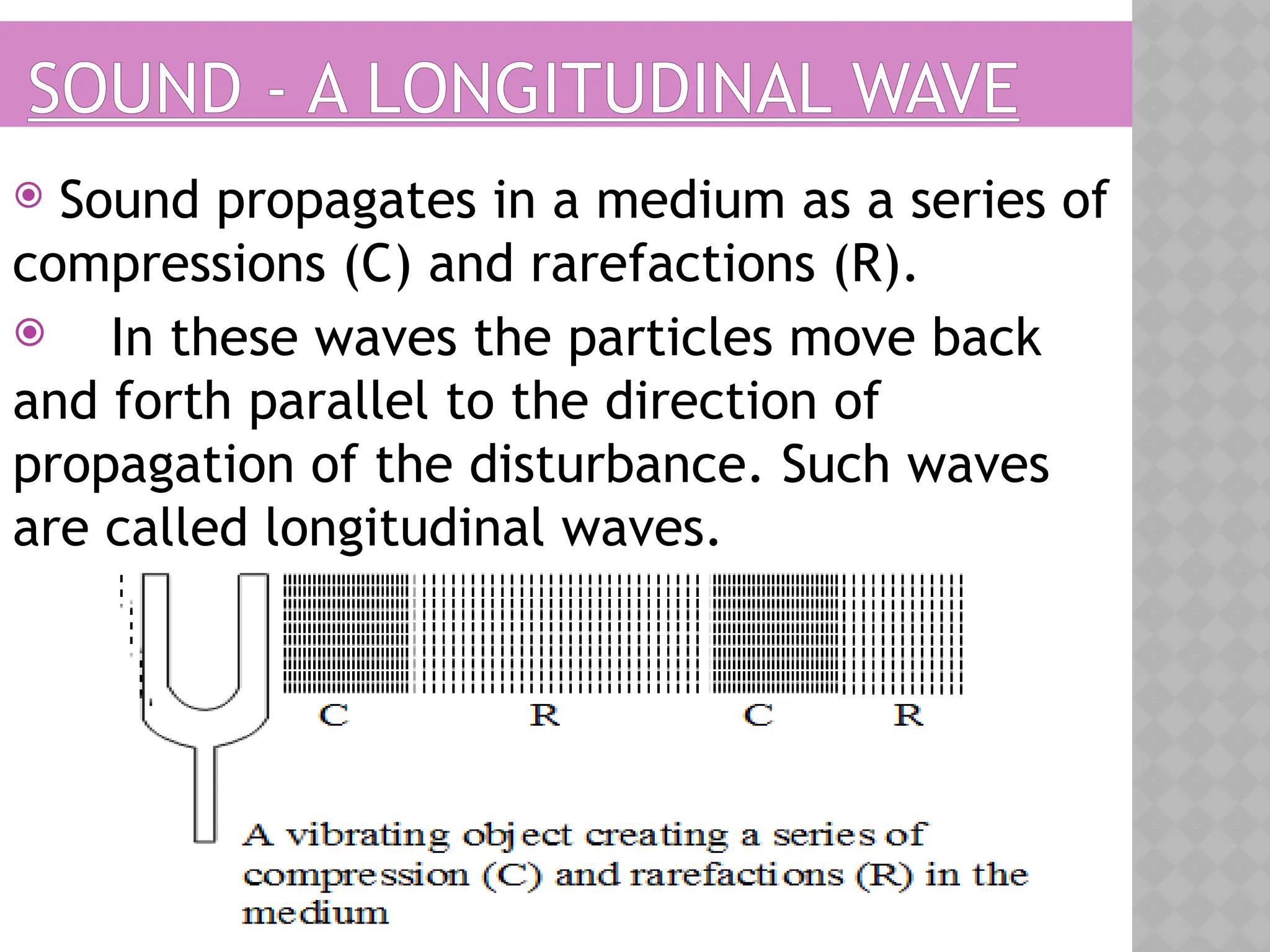 SOUND - A LONGITUDINAL WAVE
 Sound propagates in a medium as a series of
compressions (C) and rarefactions (R).
 In these waves the particles move back
and forth parallel to the direction of
propagation of the disturbance. Such waves
are called longitudinal waves.
 