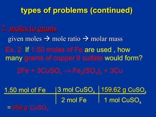 types of problems (continued)

2. moles to grams
 given moles  mole ratio  molar mass
 Ex. 2 If 1.50 moles of Fe are used , how
 many grams of copper II sulfate would form?
    2Fe + 3CuSO4 → Fe2(SO4)3 + 3Cu

1.50 mol of Fe      3 mol CuSO4 159.62 g CuSO4
                     2 mol Fe    1 mol CuSO4
 = 359 g CuSO4
 