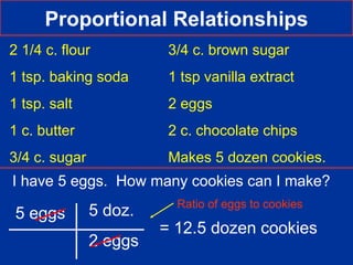 Proportional Relationships
2 1/4 c. flour           3/4 c. brown sugar
1 tsp. baking soda       1 tsp vanilla extract
1 tsp. salt              2 eggs
1 c. butter              2 c. chocolate chips
3/4 c. sugar             Makes 5 dozen cookies.
I have 5 eggs. How many cookies can I make?
                          Ratio of eggs to cookies
 5 eggs        5 doz.
                        = 12.5 dozen cookies
               2 eggs
 
