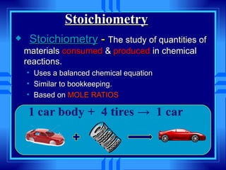 Stoichiometry
x       Stoichiometry - The study of quantities of
    materials consumed & produced in chemical
    reactions.
    •    Uses a balanced chemical equation
    •    Similar to bookkeeping.
    •    Based on MOLE RATIOS
 