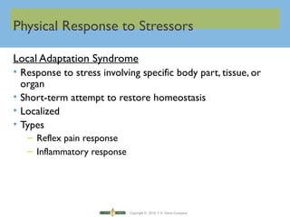 Copyright © 2016 F.A. Davis Company
Physical Response to Stressors
Local Adaptation Syndrome
• Response to stress involving specific body part, tissue, or
organ
• Short-term attempt to restore homeostasis
• Localized
• Types
– Reflex pain response
– Inflammatory response
 
