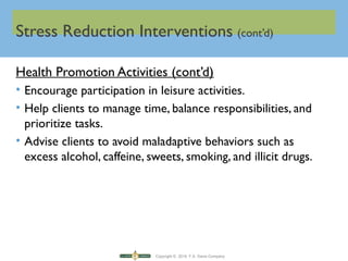 Copyright © 2016 F.A. Davis Company
Stress Reduction Interventions (cont’d)
Health Promotion Activities (cont’d)
• Encourage participation in leisure activities.
• Help clients to manage time, balance responsibilities, and
prioritize tasks.
• Advise clients to avoid maladaptive behaviors such as
excess alcohol, caffeine, sweets, smoking, and illicit drugs.
 