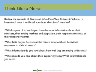 Copyright © 2016 F.A. Davis Company
Think Like a Nurse
Review the scenario of Gloria and John (MeetYour Patients inVolume 1).
How much does it really tell you about the clients’ situation?
•Which aspect of stress do you have the most information about: their
stressors, their coping methods and adaptation, their responses to stress, or
their support systems?
•What facts do you have about the clients’ emotional and behavioral
responses to their stressors?
•What information do you have about how well they are coping with stress?
•What data do you have about their support systems? What information do
you need?
 