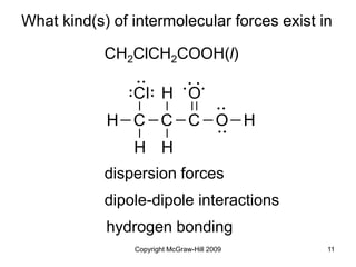 Copyright McGraw-Hill 2009 11
What kind(s) of intermolecular forces exist in
CH2ClCH2COOH(l)
C C
H
Cl
H
C
H
H
O
O H
dispersion forces
dipole-dipole interactions
hydrogen bonding
 