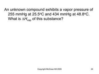 Copyright McGraw-Hill 2009 24
An unknown compound exhibits a vapor pressure of
255 mmHg at 25.5oC and 434 mmHg at 48.8oC.
What is DHvap of this substance?
 